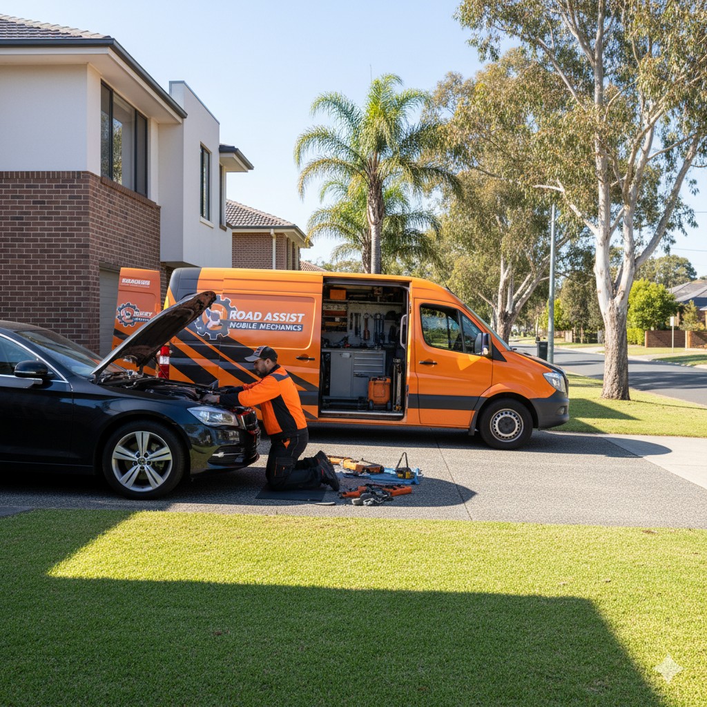 Professional mobile mechanic repairing a car in a residential driveway in Perth WA
